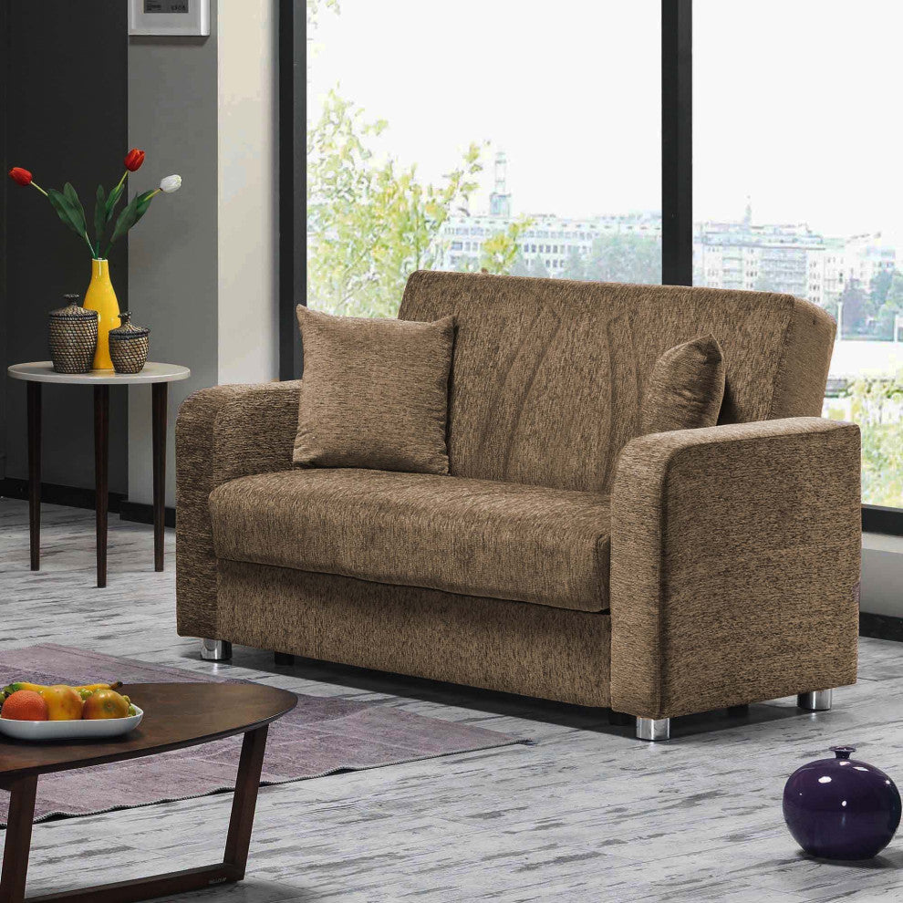 Modern Sleeper Loveseat, Chenille Fabric Seat With Matching Pillows, Beige