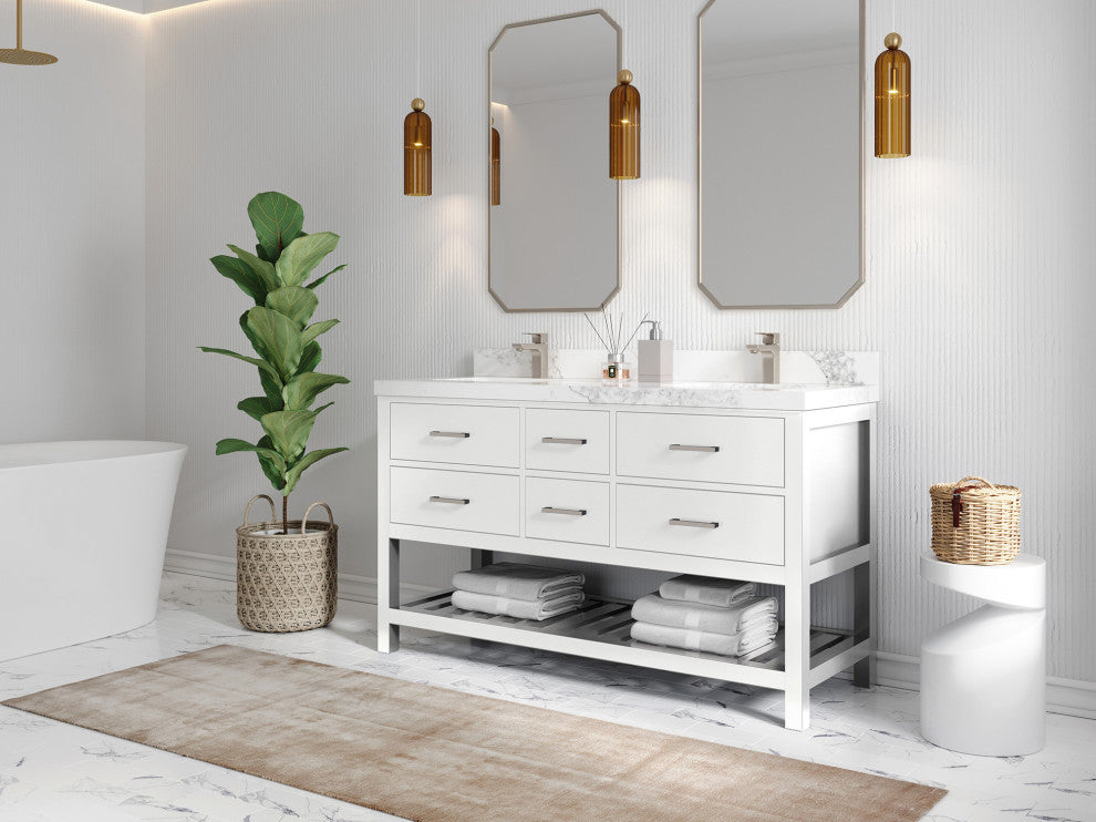 Parker 60 Double Sink Bathroom Vanity in White 2" Piatra Gray