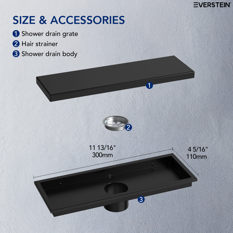 Linear Shower Drain with Hair Strainer and Reversible Tile Insert Cover, Matte Black