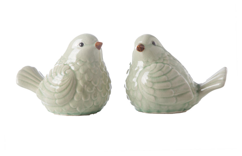 Ceramic Sitting Bird Figurine Gloss Green Finish, ASST of 2