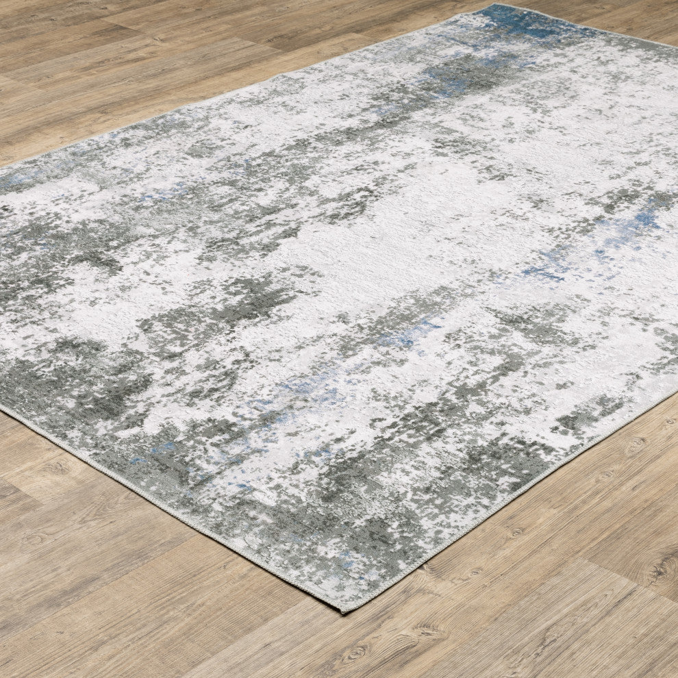 Michaela Machine Washable Marbled Grey/ Blue Indoor Area Rug, Grey, 2'x3'