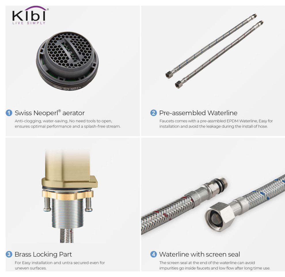 KIBI Mirage Single Handle Bathroom Faucet, Brush Gold, With Drain