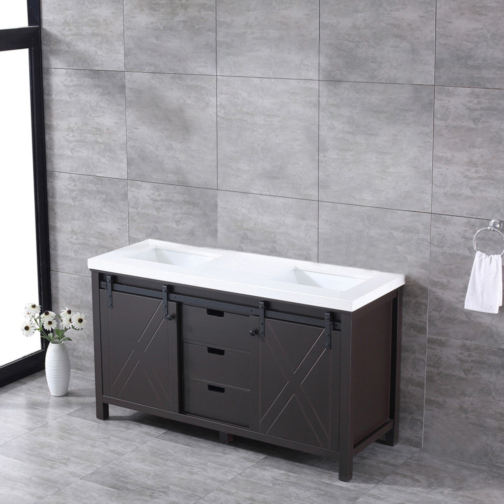 Marsyas 60" Brown Double Vintage Bathroom Vanity Cabinet Quartz Top Square Sinks