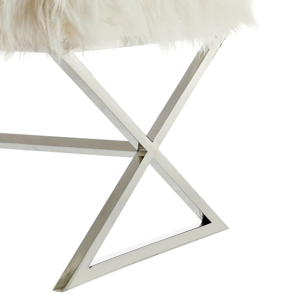 Oria Faux Fur X-Leg Base Bench, White and Chrome