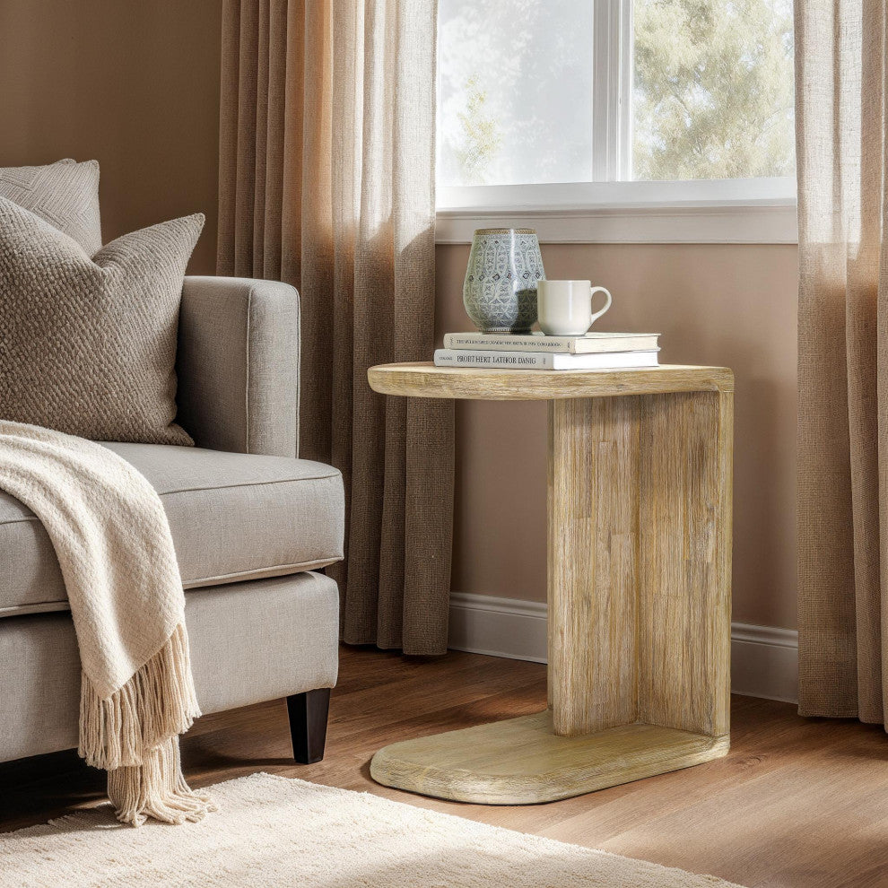 Haru C-Shaped Acacia Side Table, Beige