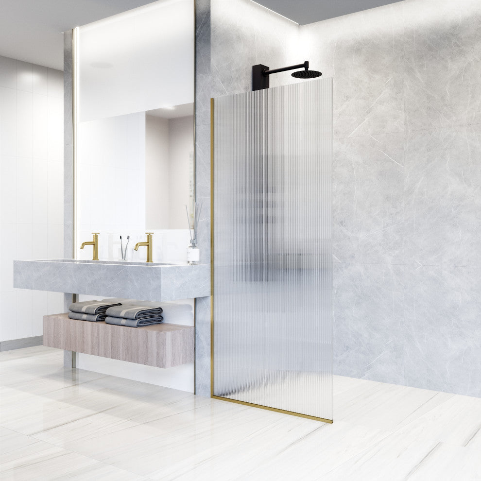 VIGO Zenith Frameless Fixed, Matte Gold, Shower Screen, 34" W X 74" H, Fluted Glass