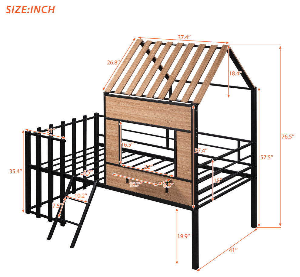 Gewnee Metal Twin size Loft Bed with Roof, Window, Guardrail, Ladder in Black