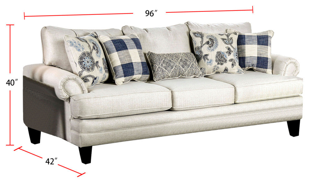 Linen-like Fabric Sofa with Rolled Arms Design, Ivory