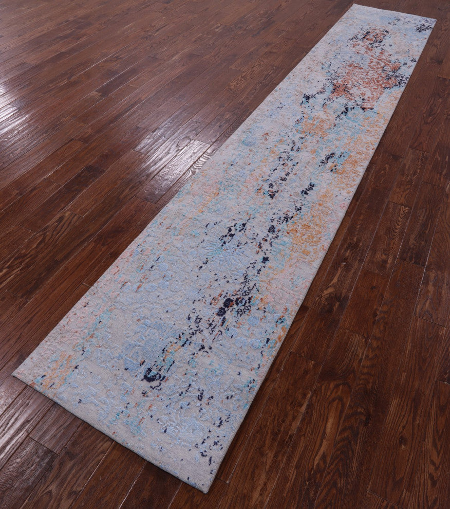 Hand Knotted Modern Wool and Silk Runner Rug 2' 7" X 14' 0" Q11824