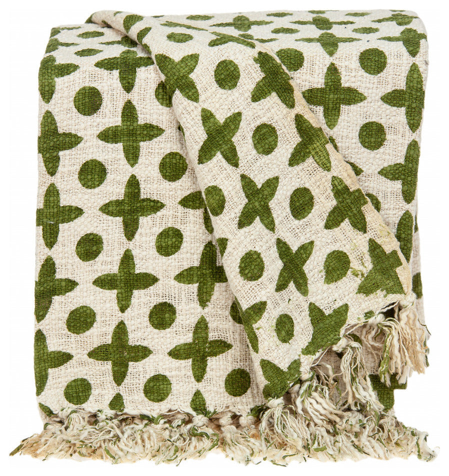 Olive Green and Beige Cotton Woven Handloom Throw