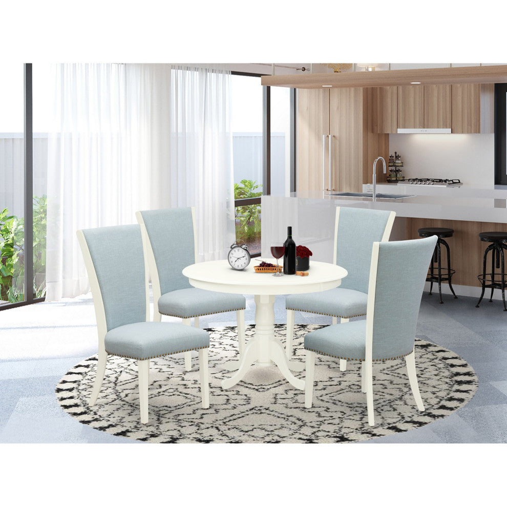 A Dining Set Of 4 Parson Chairs, Baby Blue Color, Mid-Century Table, Linen White