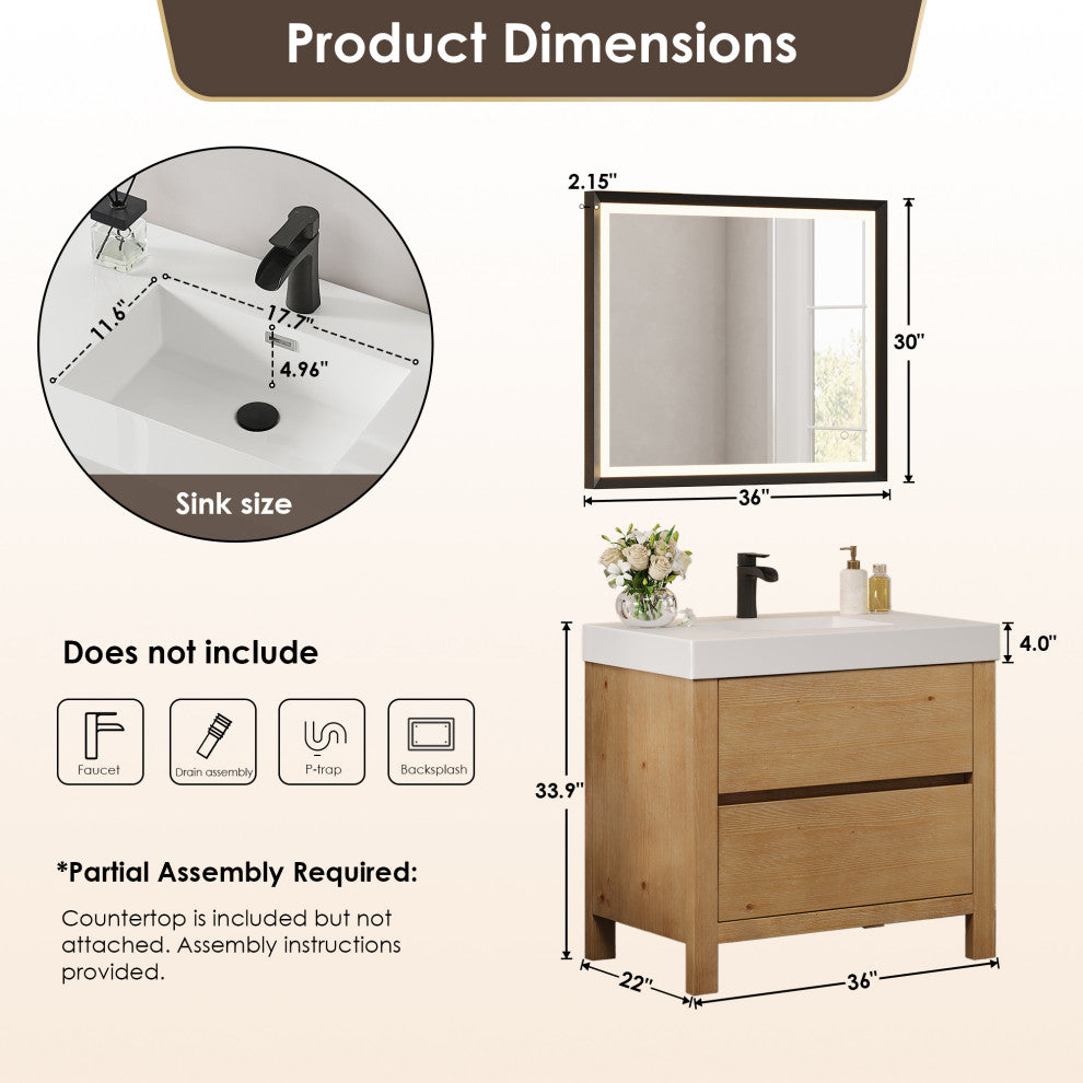 Cascadia Bathroom Vanity, Weathered Fir, 36", With Mirror