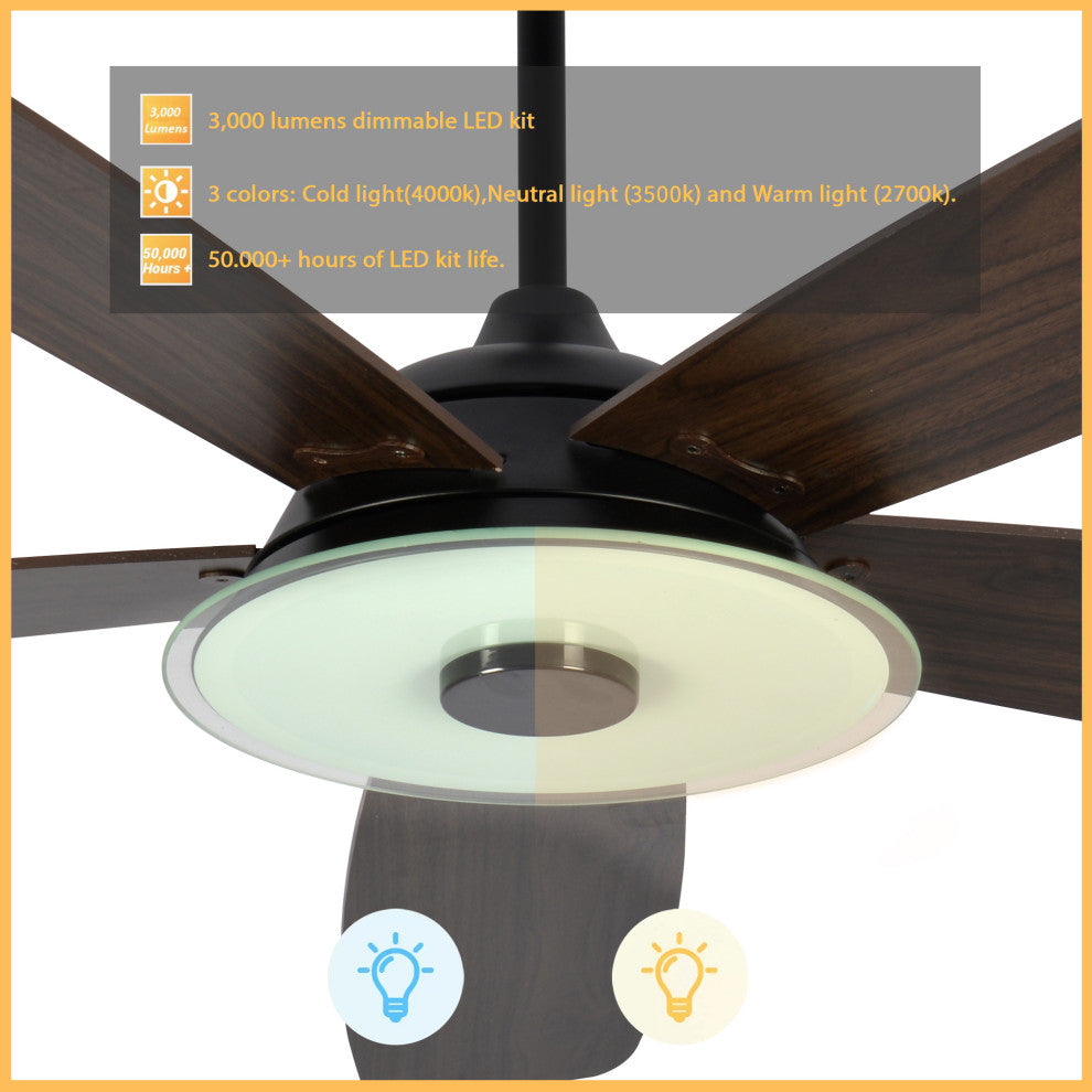 52'' Ceiling Fan with Remote and Dimmable Light Kit for Smart Home, Black/Wood