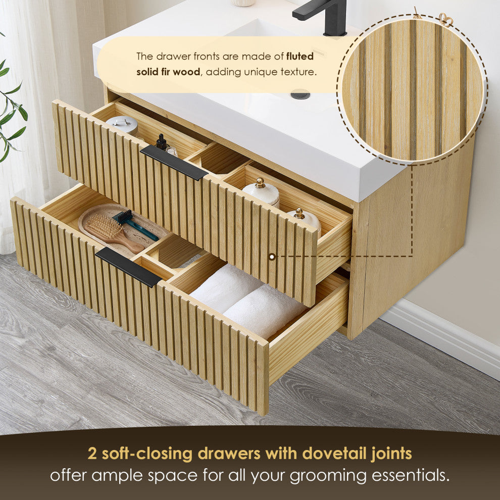 Livia Wall-mounted Bathroom Vanity, Nature Brown, 36inch, No Mirror