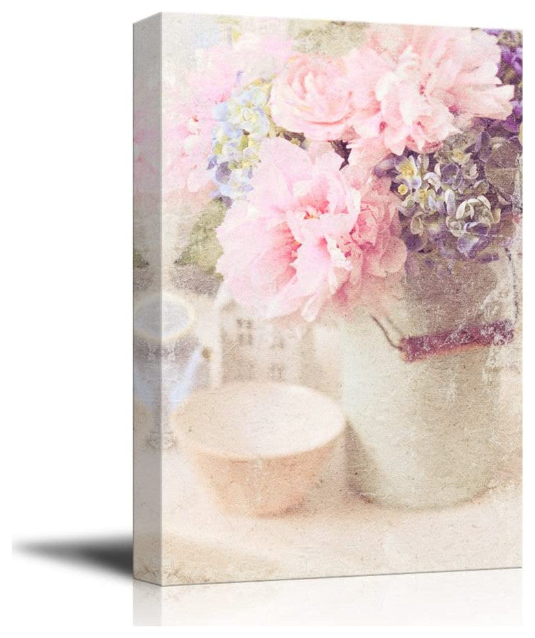 Canvas Wall Art - Vintage Style Pink Flowers in Vase