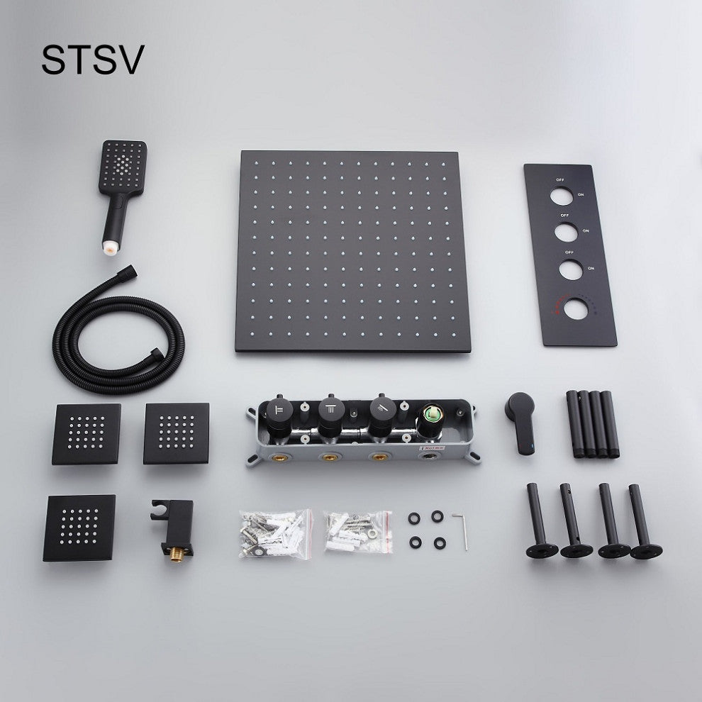 Black Shower System Large Rainfall Shower Head with Hand Shower and 3 Body Jets, 16 Inches With Standard Shower Valve
