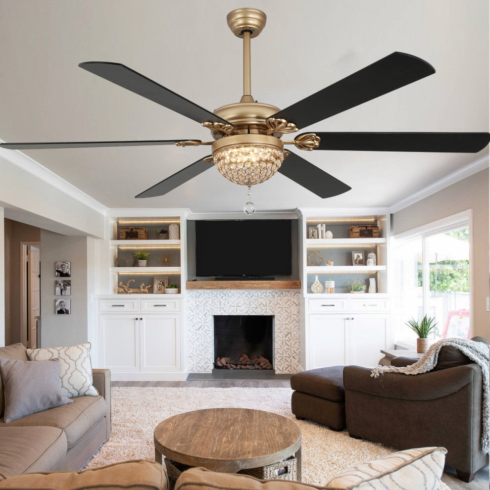 65" Modern Crystal Ceiling Fan with Dimmable LED Light and Remote, Black