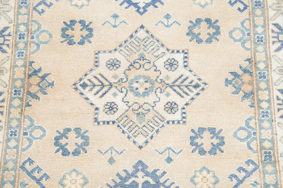 Hand-Knotted Kazak Oriental Traditional Pakistani Area Rug, Beige, 4'11"x3'3