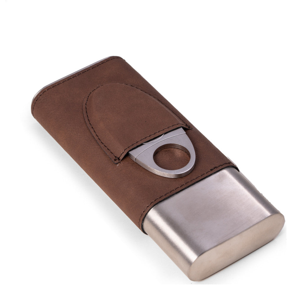 Brown Leather 3 Cigar Case, Cigar Cutter