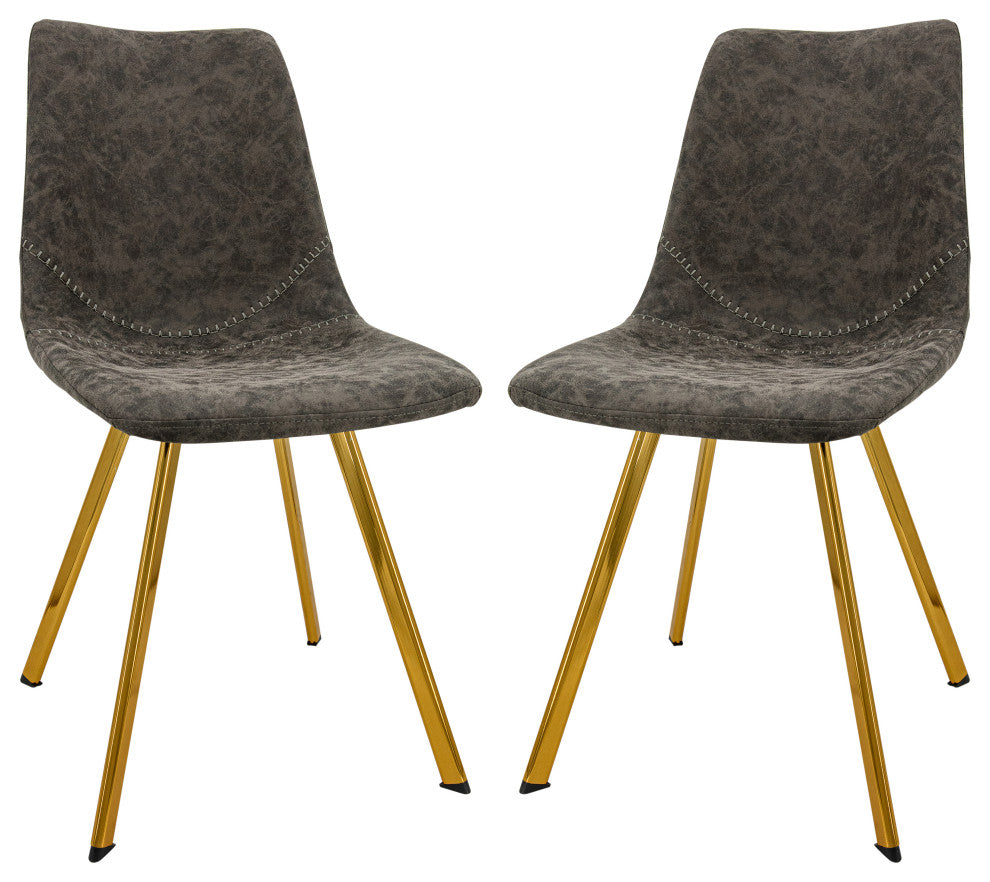 LeisureMod Markley Leather Dining Chair With Gold Legs Set of 2, Gray