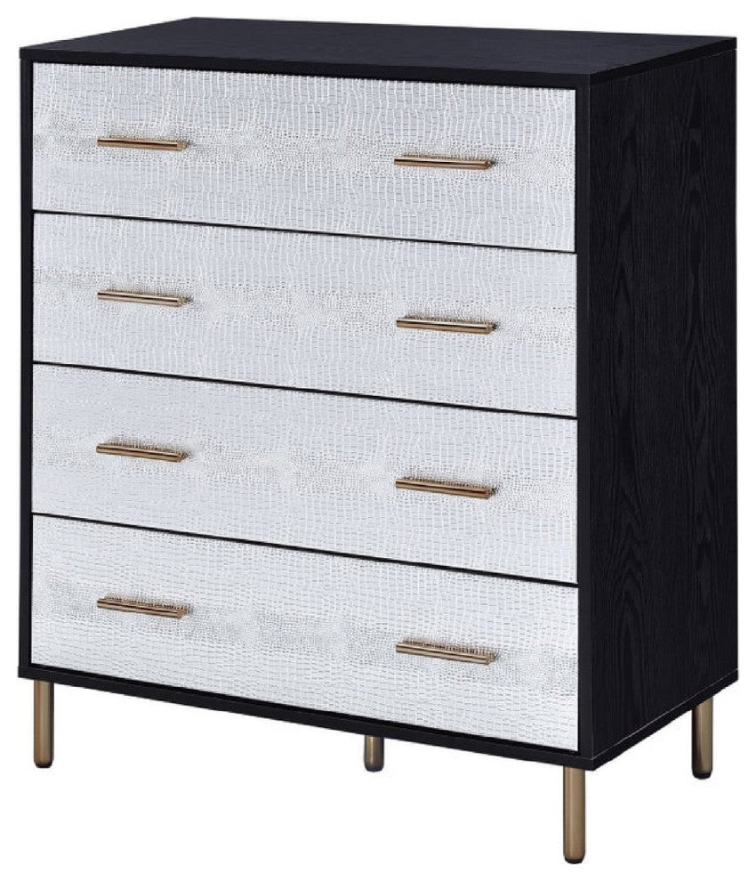 Benzara Emily 37" Wood Tall Dresser Chest, 4 Drawers Gold Handles, Black