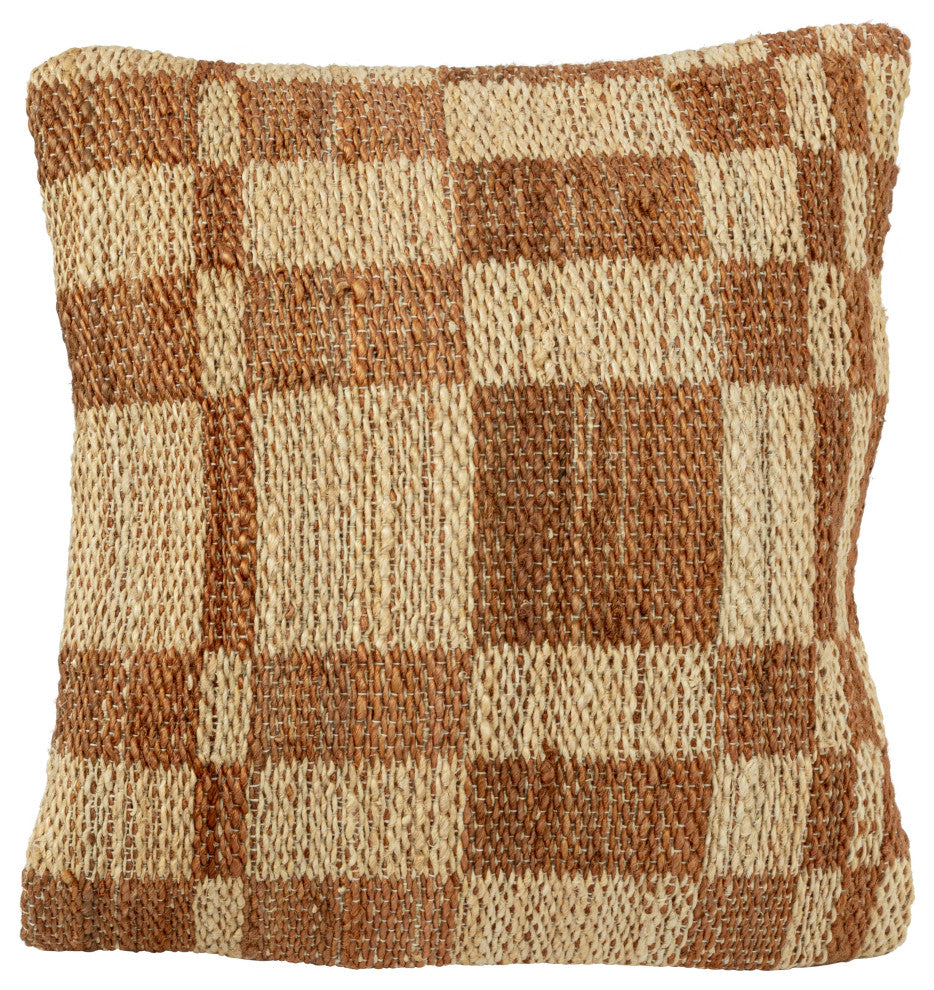 20" Square Woven Jute, Cotton Pillow, Square Pattern, Brown, Natural