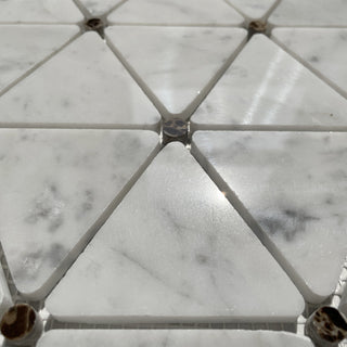 White Carrara Marble Triangle Mosaic Tile Emperador Dark Dots Polished, 1 sheet