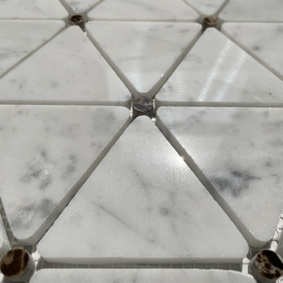 White Carrara Marble Triangle Mosaic Tile Emperador Dark Dots Polished, 1 sheet