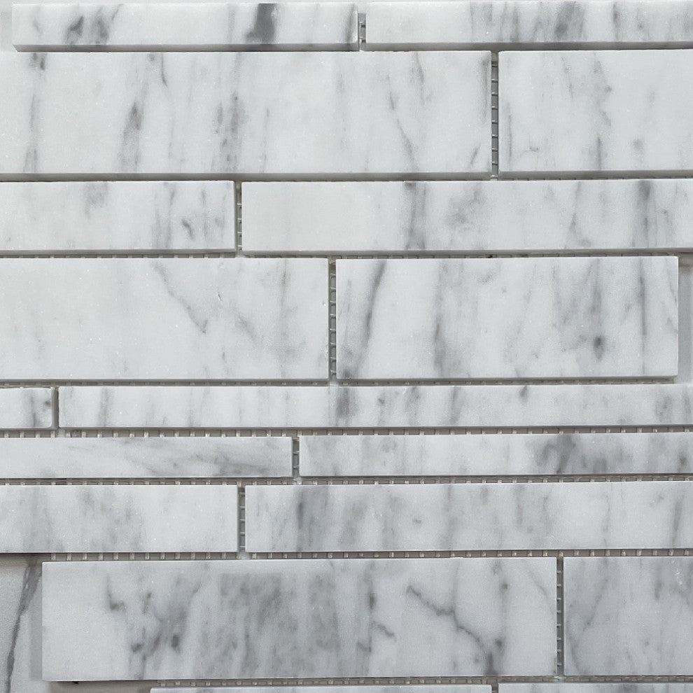 Carrara White Marble Random Strip Modern Brick Mosaic Tile Honed, 1 sheet