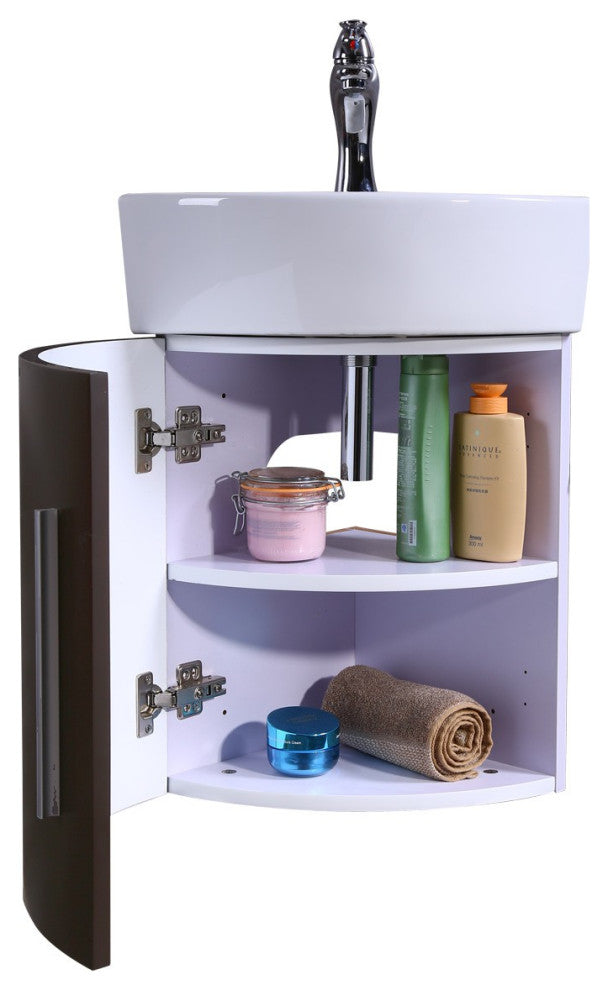 White Corner Vanity Cabinet Sink Oak Finish with Faucet Drain and Overflow