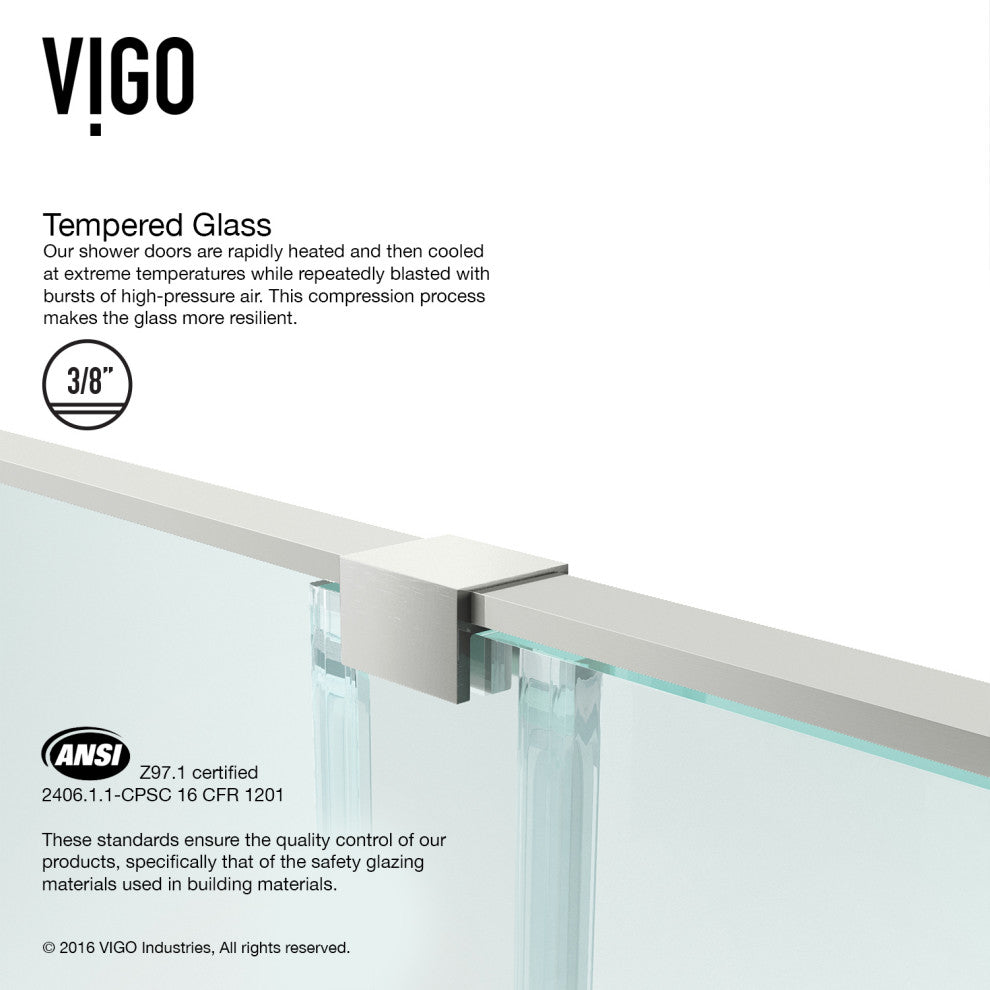 VIGO Ryland 60" to 62" W x 73" H Frameless Track Sliding Shower Door, Stainless Steel, Clear Glass