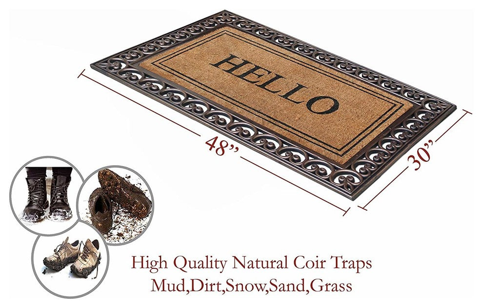 Hello Rubber And Coir Paisley Border Double Doormat, 30"x48"