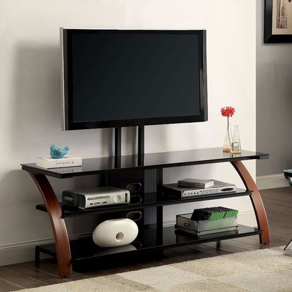 60" Tv Wooden Metal Stand With Black Tempered Glass, Black/Brown