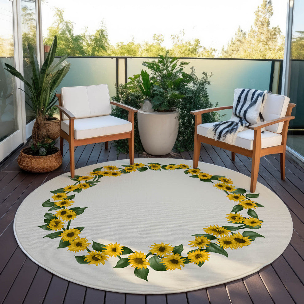 Indoor/Outdoor Kendall KE17 Beige Machine Washable 8' x 8' Round Rug