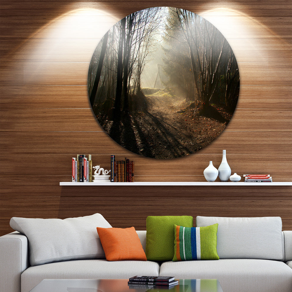 Dark Path In Fall Foggy Forest, Landscape Photo Round Wall Art, 23"