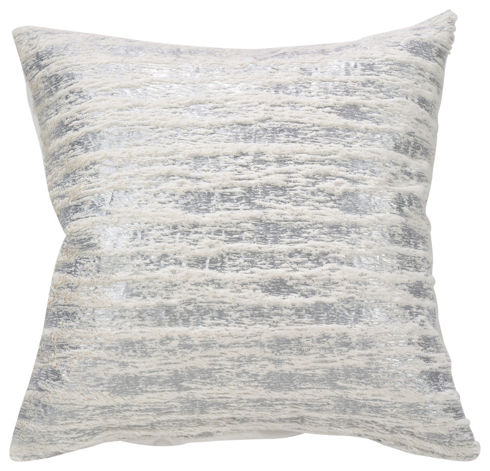 Down Filled Faux Fur With Brushed Metallic Foil Throw Pillow, 18"x18", Silver