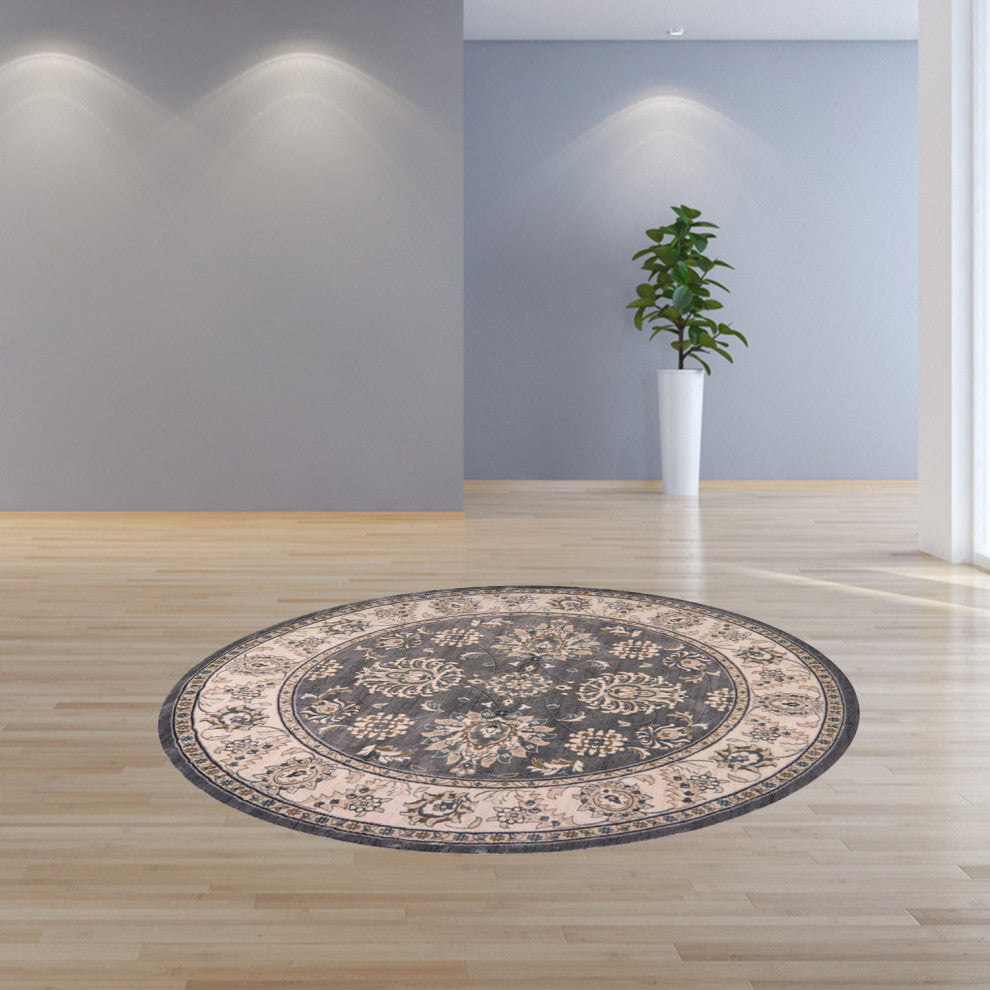 HomeRoots 8' Grey Ivory Machine Woven Floral Traditional Round Indoor Area Rug