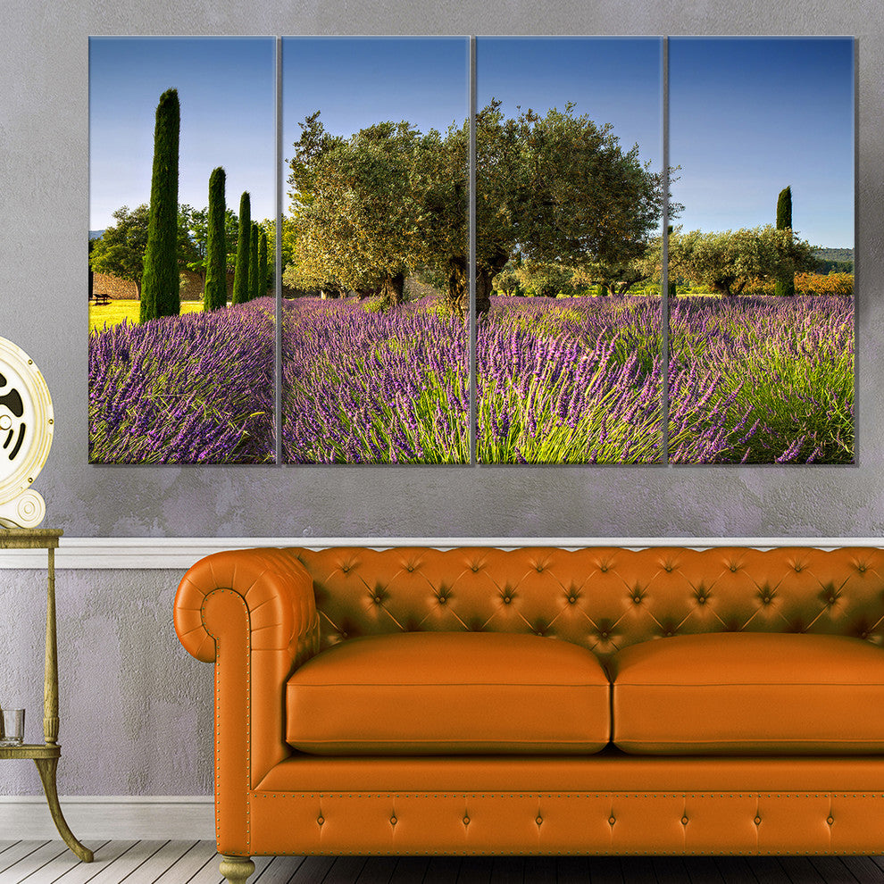 Beautiful Lavender and Olive Trees, Flower Canvas Wall Art, 48"x28", 4 Panels