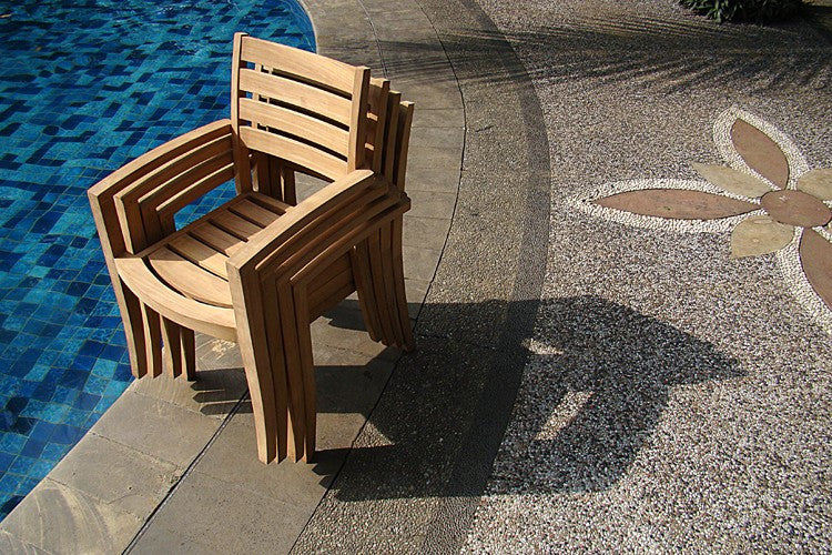 4-Piece Outdoor Teak Dining Set: 36" Round Table, 3 Trav Stacking Arm Chairs