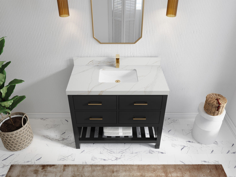 Parker 42" Single Sink Bath Vanity, Black 2" Calacatta Sienna
