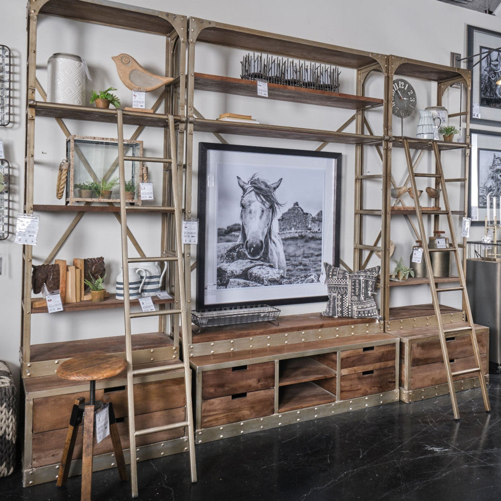 Gray Metal Shelving Unit With Light Brown Storage
