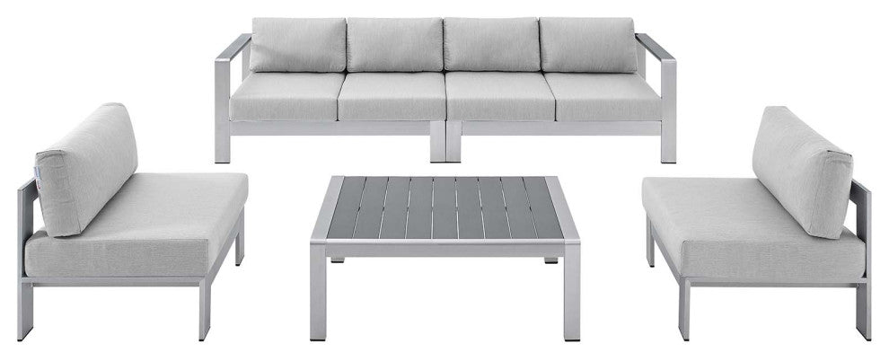 Sectional Sofa Chair Table Set, Sunbrella, Aluminum, Silver Gray, Outdoor