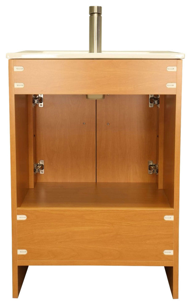 Pacific 24 Vanity With Ceramic Top and Brushed Nickel Handles, Honey Maple