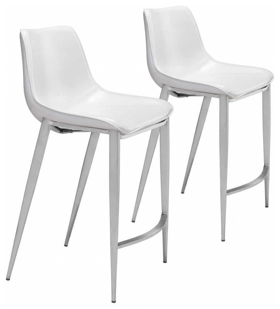 Set of Two White Faux Leather and Steel Modern Stitch Bucket Counter Chairs