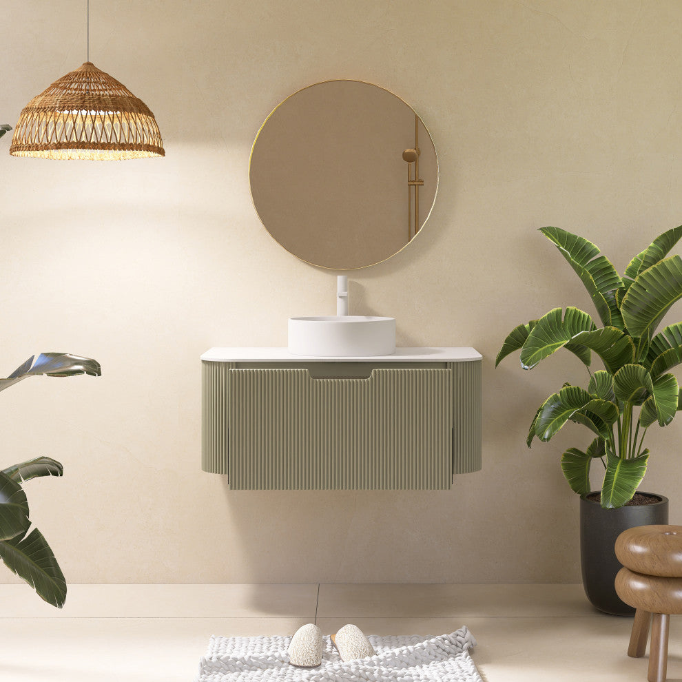 Wall-Mounted Bathroom Vanity With White Round Ceramic Basin, Light Green, 36"