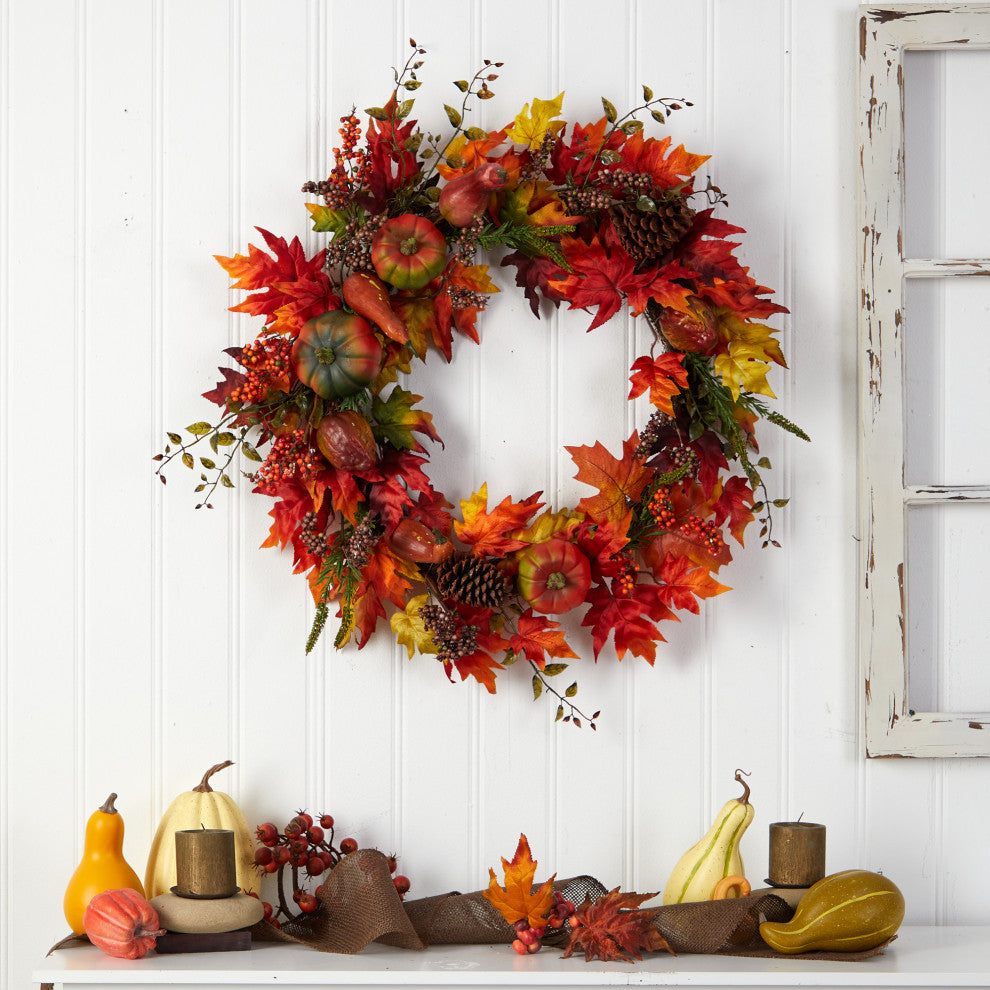 32" Autumn Maple Leaf, Pumpkin and Berries Artificial Fall Wreath