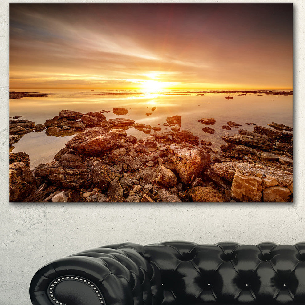 Beautiful Sunset Over Rocky Beach, Large Seashore Canvas Art Print, 40"x30"