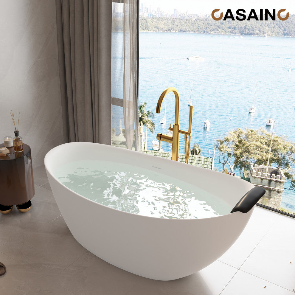 59in White Solid Surface Freestanding Soaking Bathtub with Drain, 67in