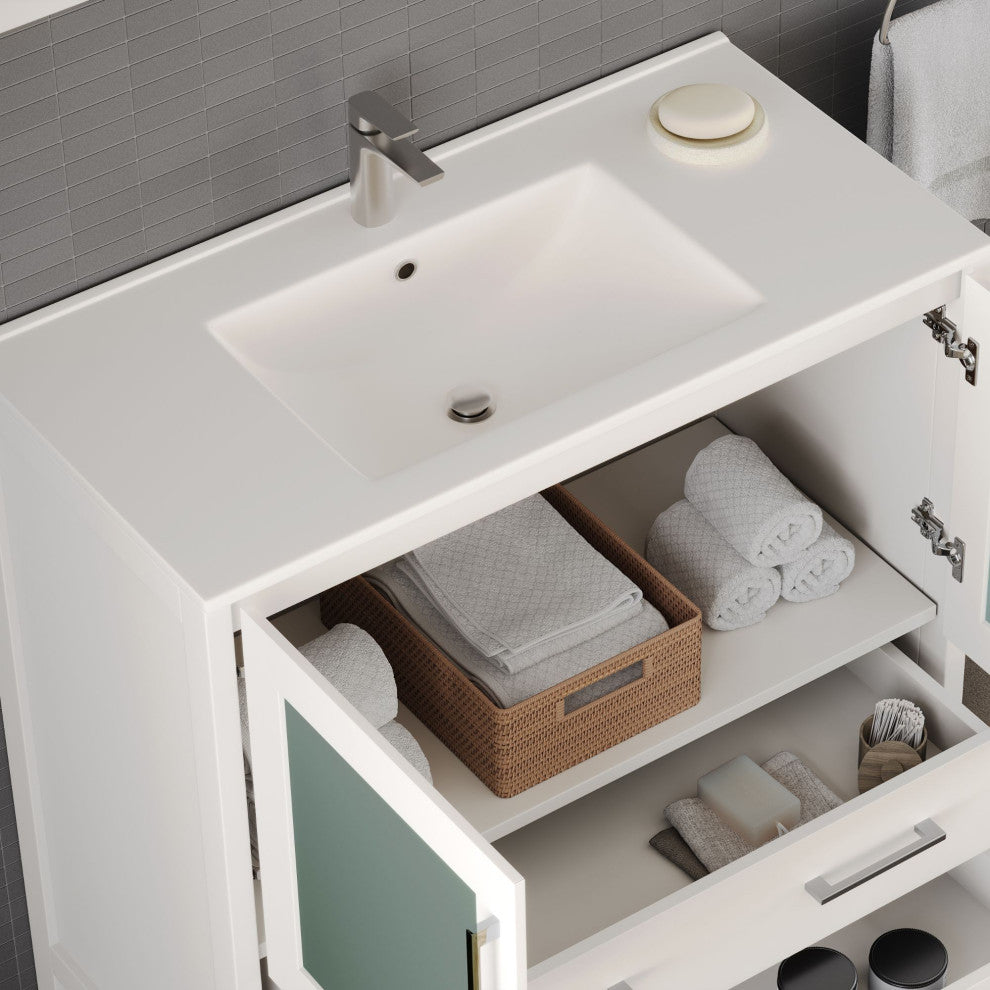The Pullman Bathroom Vanity, White, 36", Single Sink, Freestanding