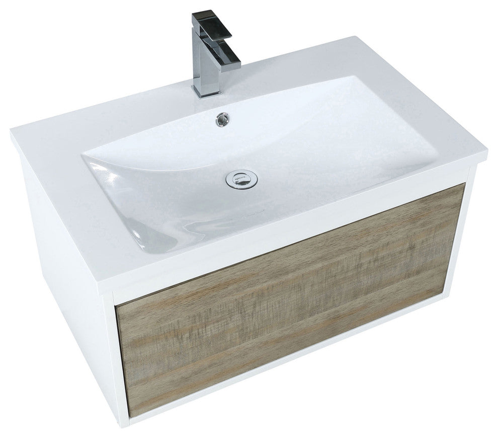 Scopi 30 Rustic Acacia Vanity, Acrylic Top With Sink, Rose Gold Faucet Set